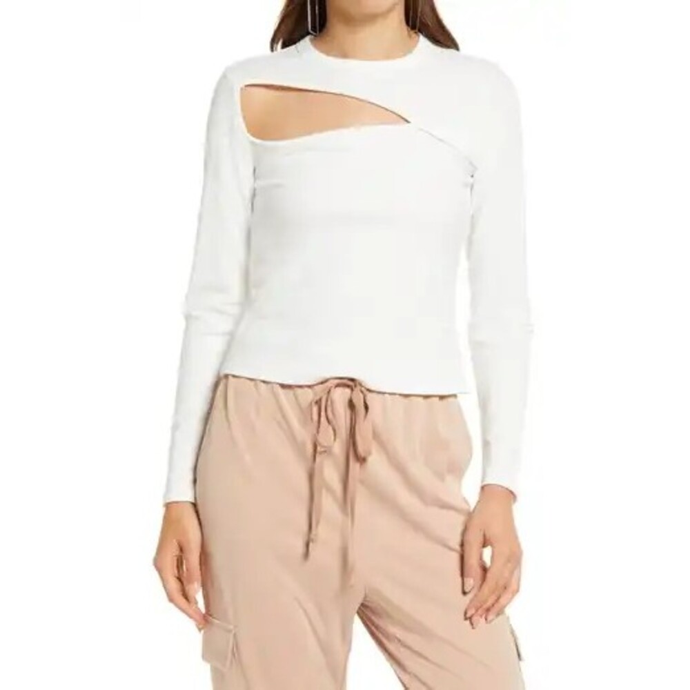 Open Edit Cutout Detail Mock Neck Top Size S Long Sleeve Ribbed Ivory NWT B57
